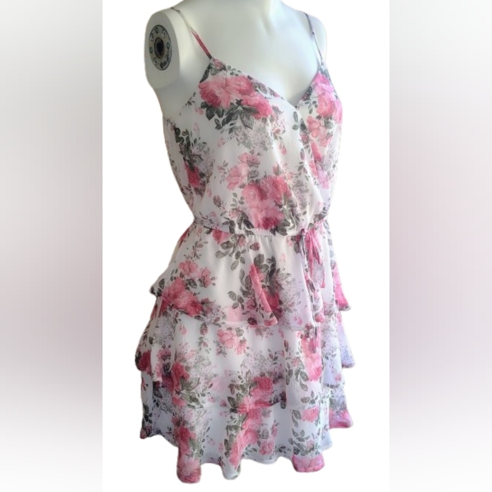 Trixxi Floral Tiered Ruffle Mini Dress | Pink & White | Size M - Picture 3 of 7